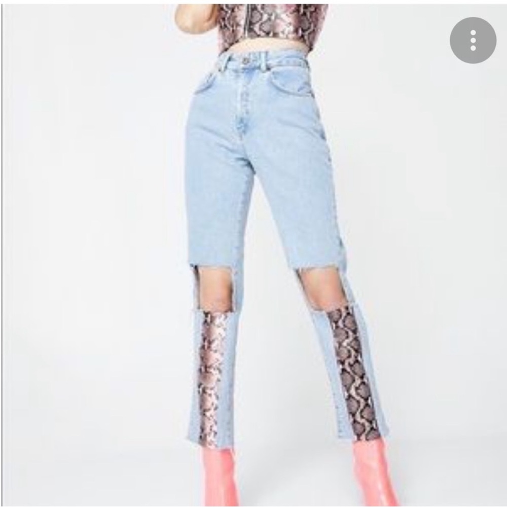 Light Blue Distressed Jeans with Snake Print Accents